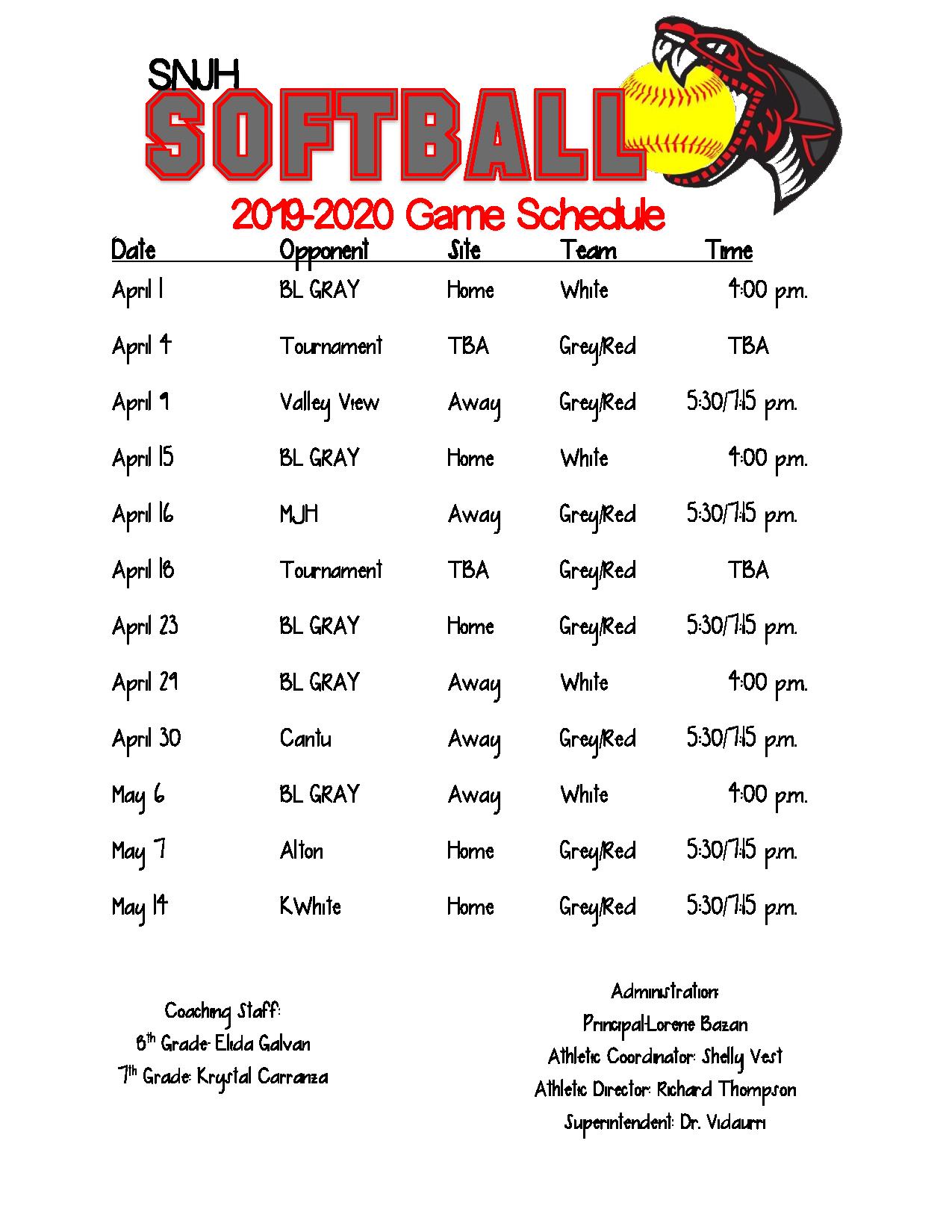 2020 Softball Schedule - Sharyland North Junior High School